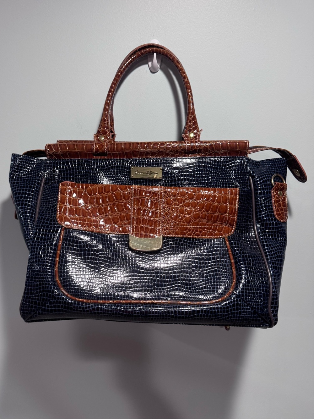 Samantha Brown Croc-Embossed Navy and Brown Satchel Tote